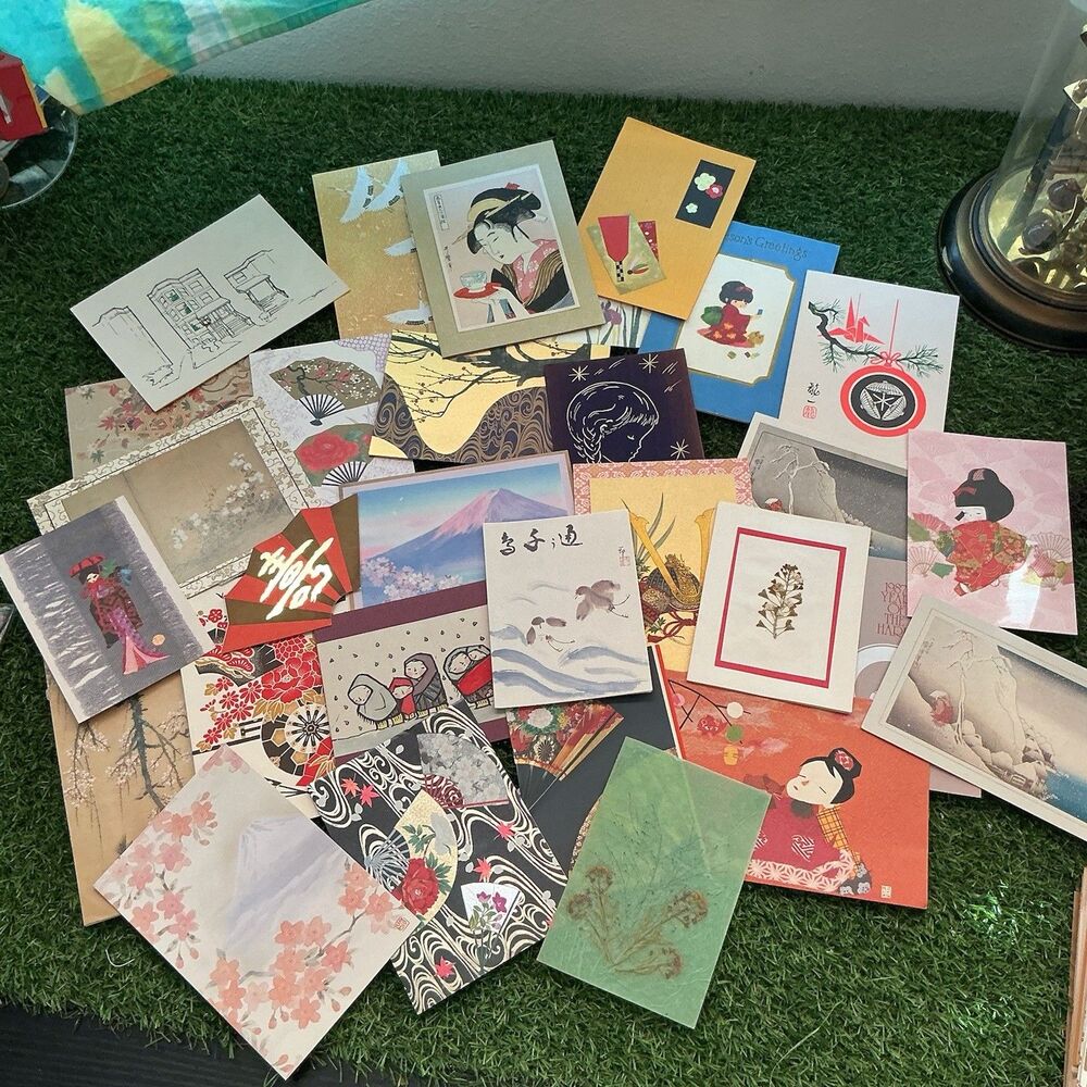 Lot 30 Vintage Japanese Greeting Cards Asian Art Mt Fuji Floral Paper Ephemera
